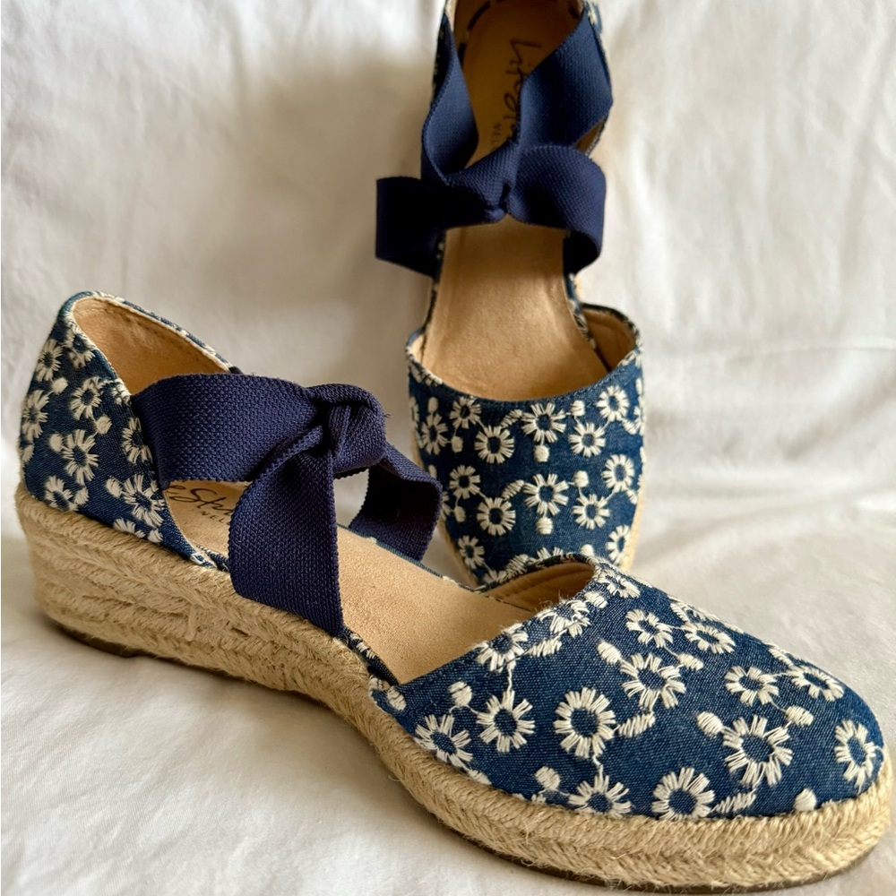 Life Stride Blue and White Espadrilles with Ribbon Ties